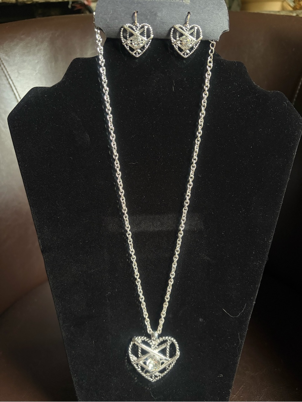 Carina Heart Pendant Necklace and Drop Earring Set - Silver Tone with Rhinestone